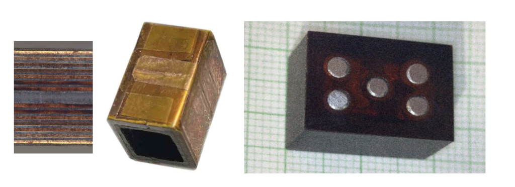 Figure 2: Compact structure of an inductor construction (from left to right conductor intersection, winding and complete inductor)